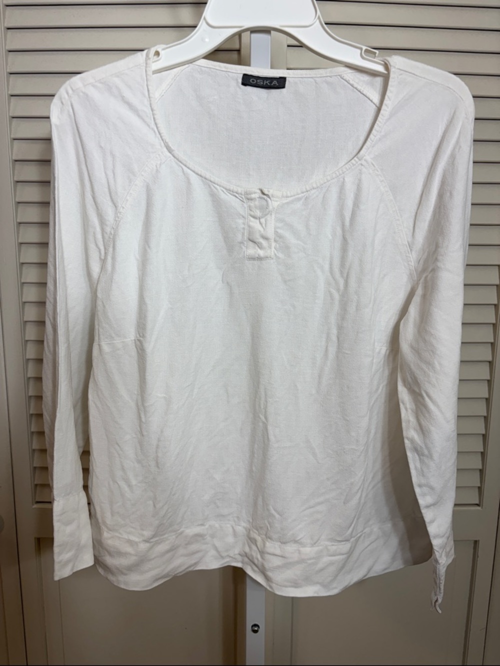 OSKA White Long Sleeves Scoop Neck Neck Linen Top Small
